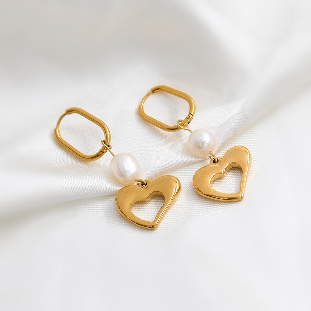 Retro Heart Shape Dangling Earrings With Pearl Design For Women, Stainless Steel Drop Earrings, 1 Pair 2