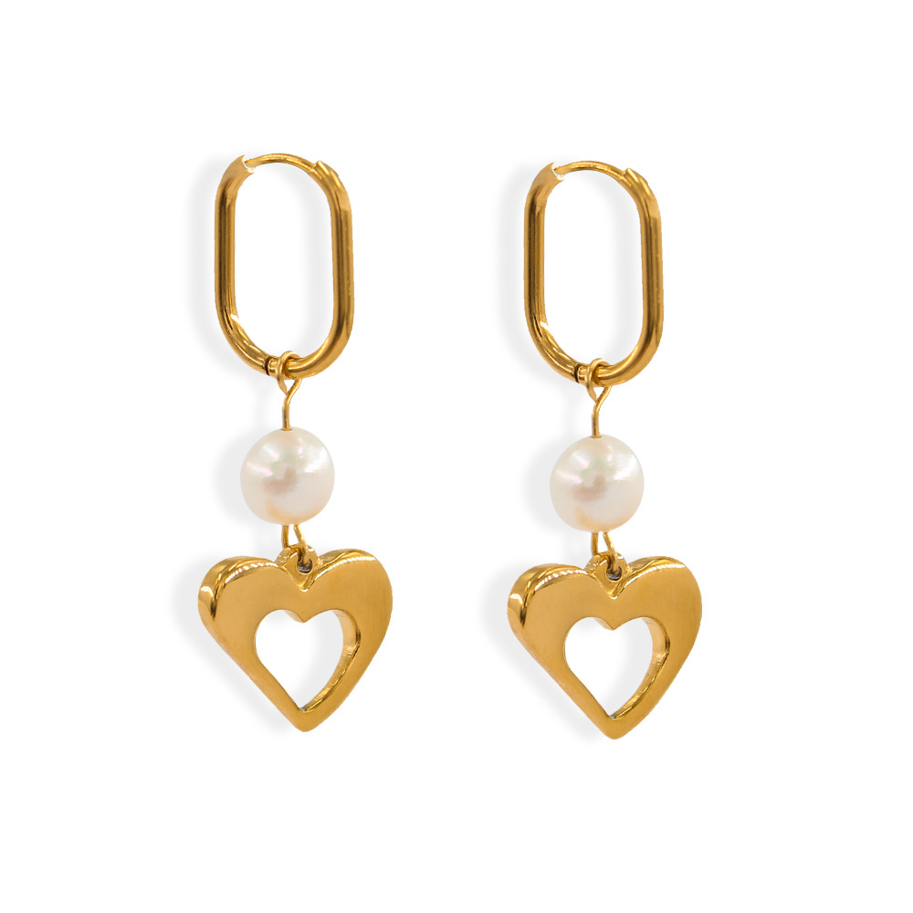 Retro Heart Shape Dangling Earrings With Pearl Design For Women, Stainless Steel Drop Earrings, 1 Pair 4