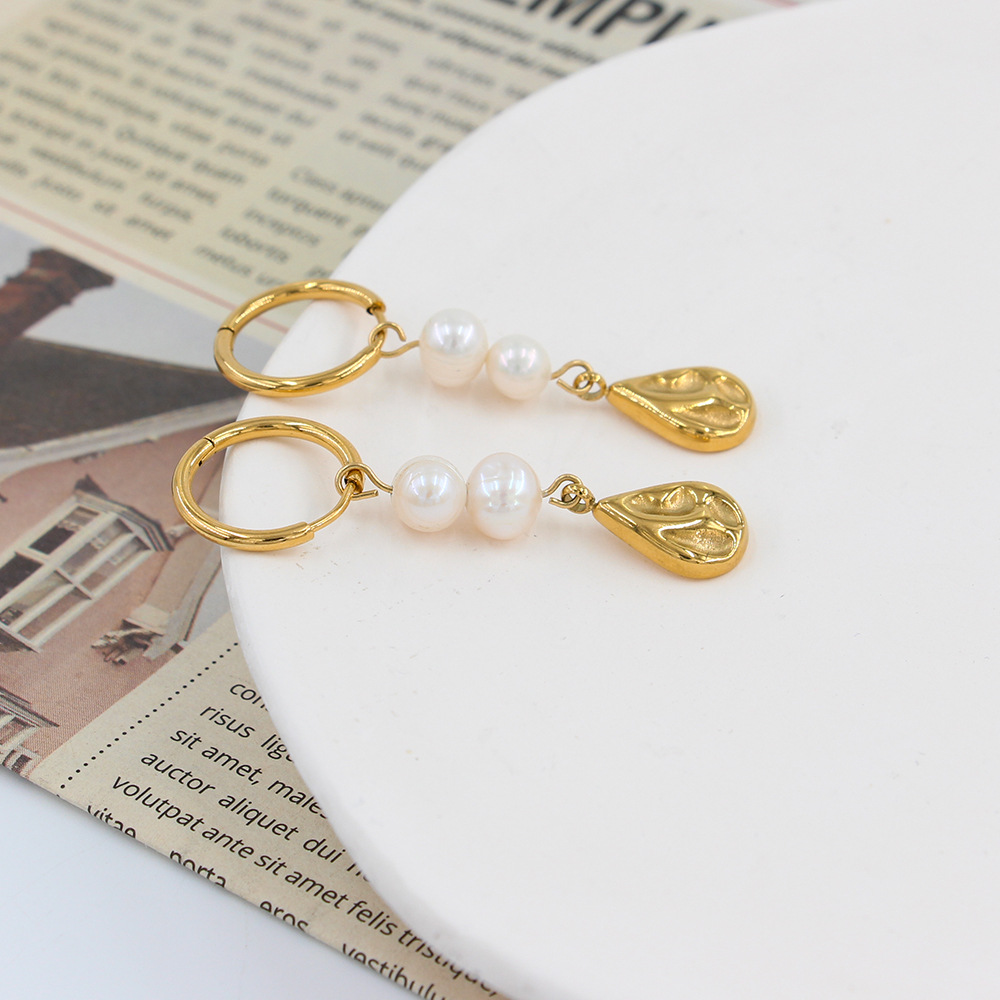 Geometric Drop Earrings For Women In 303 Stainless Steel With 18K Gold PVD Vacuum Plating And Natural Pearl Inlay