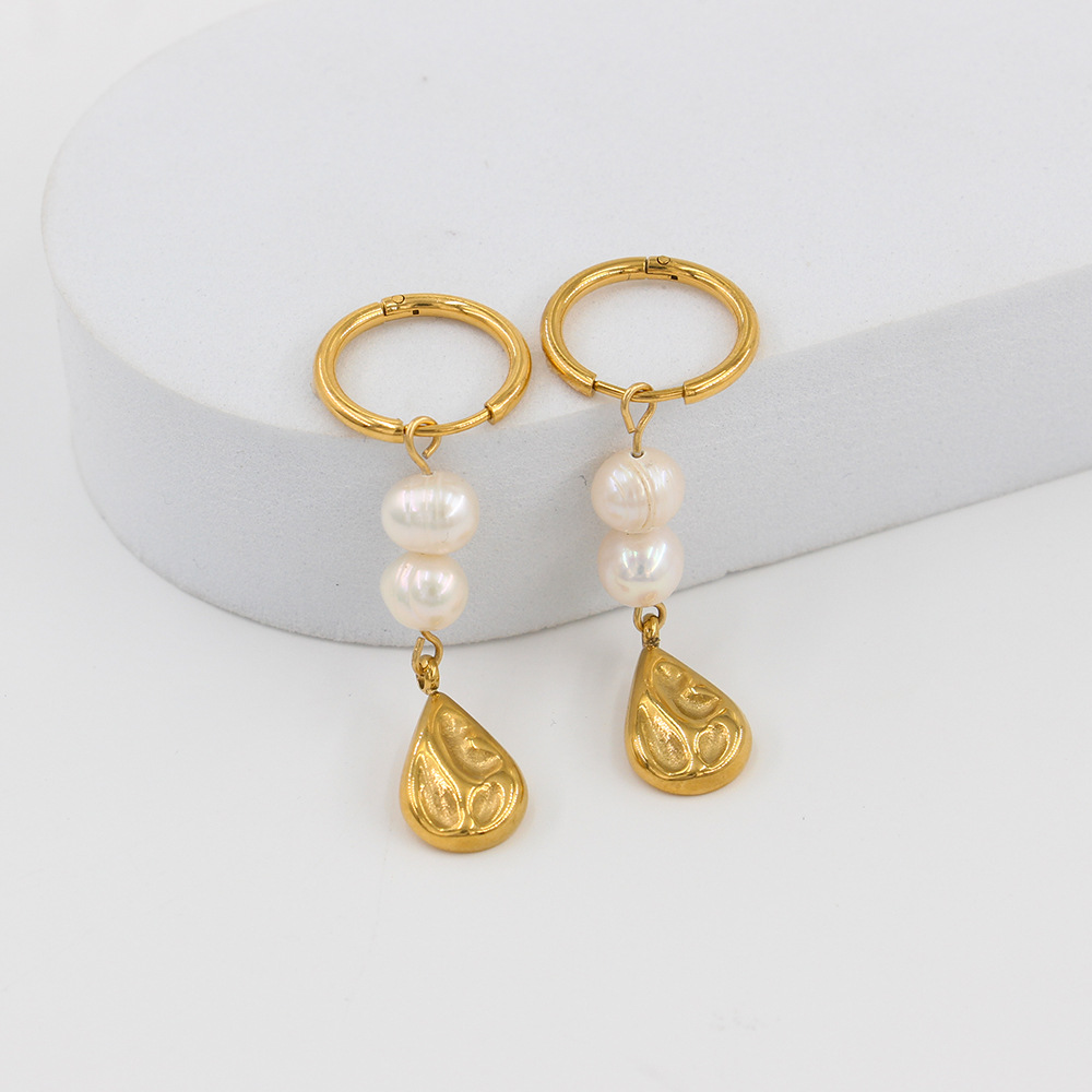 Geometric Drop Earrings For Women In 303 Stainless Steel With 18K Gold PVD Vacuum Plating And Natural Pearl Inlay 2