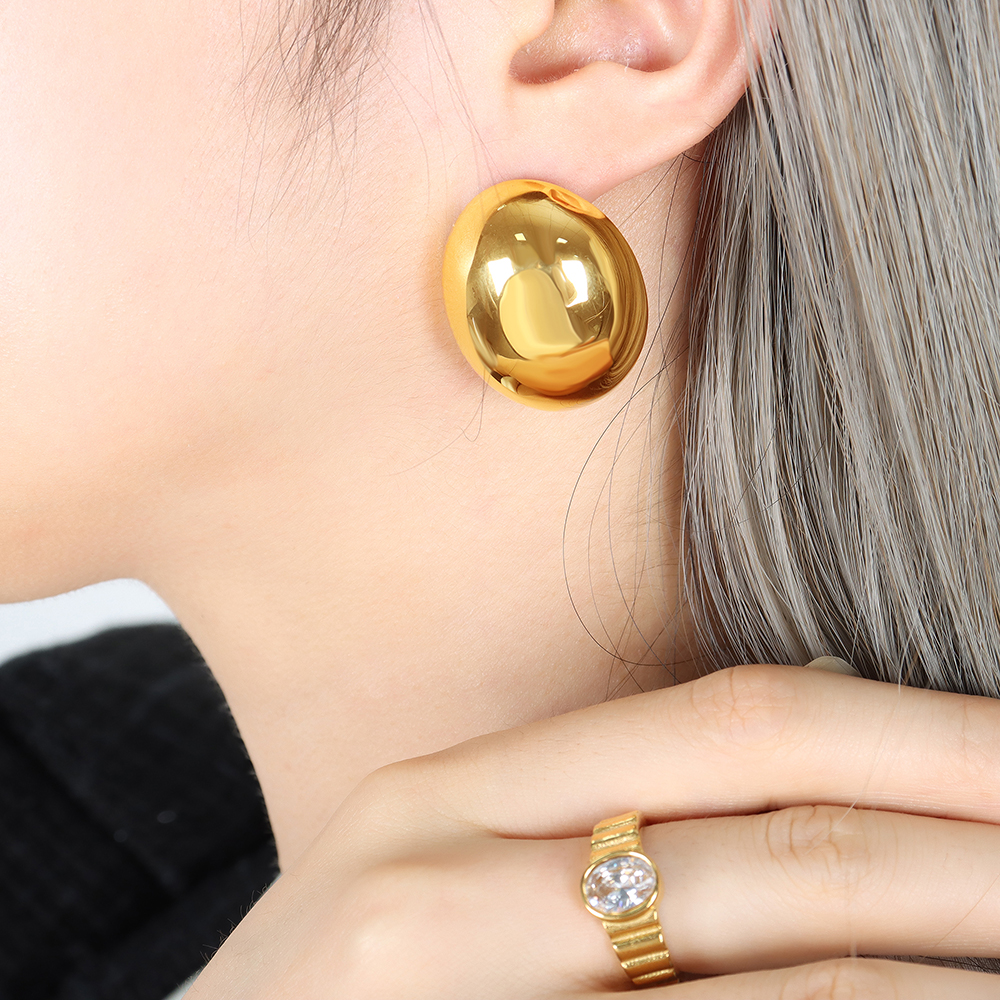 Oval Waterproof Non Tarnish Earrings For Women, PVD Coated 304 Stainless Steel With Real Gold Plated And Titanium Steel Inlay 9