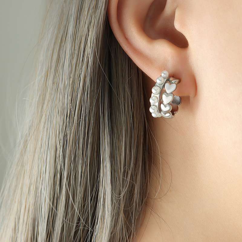 C Shape Titanium Steel Earrings For Women With Electroplated Finish And Artificial Pearl Inlay