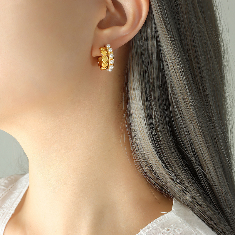 C Shape Titanium Steel Earrings For Women With Electroplated Finish And Artificial Pearl Inlay 2