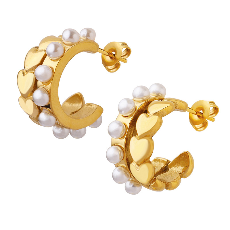 C Shape Titanium Steel Earrings For Women With Electroplated Finish And Artificial Pearl Inlay 3
