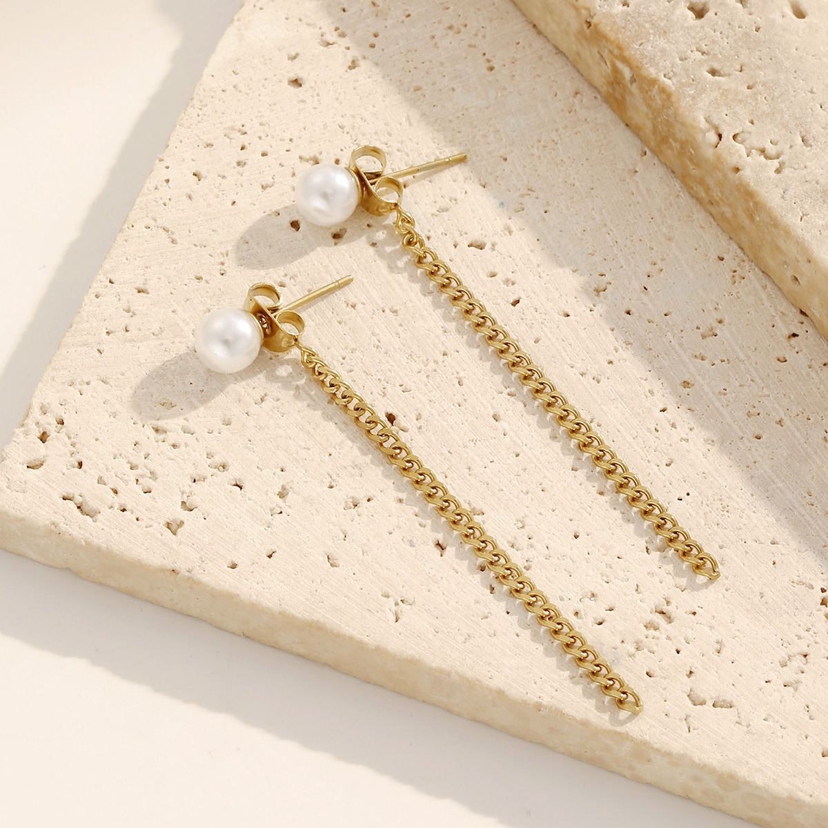 Waterproof Non Tarnish Chain Drop Earrings For Women, 304 Stainless Steel With PVD Coated Real Gold Plating And Artificial Pearl Inlay