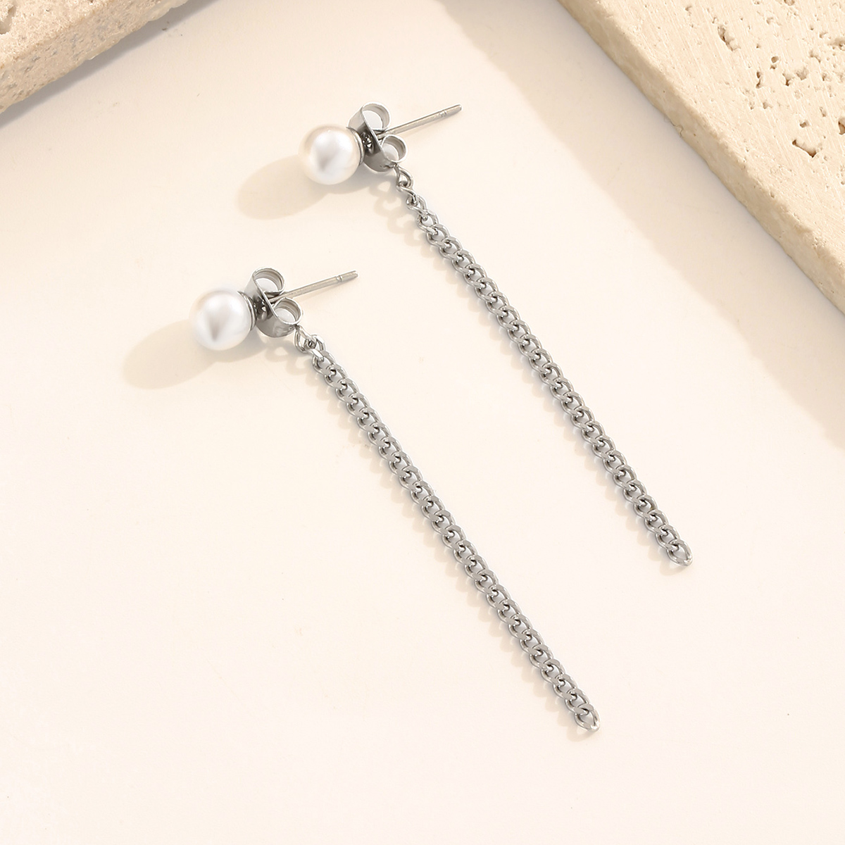 Waterproof Non Tarnish Chain Drop Earrings For Women, 304 Stainless Steel With PVD Coated Real Gold Plating And Artificial Pearl Inlay 2
