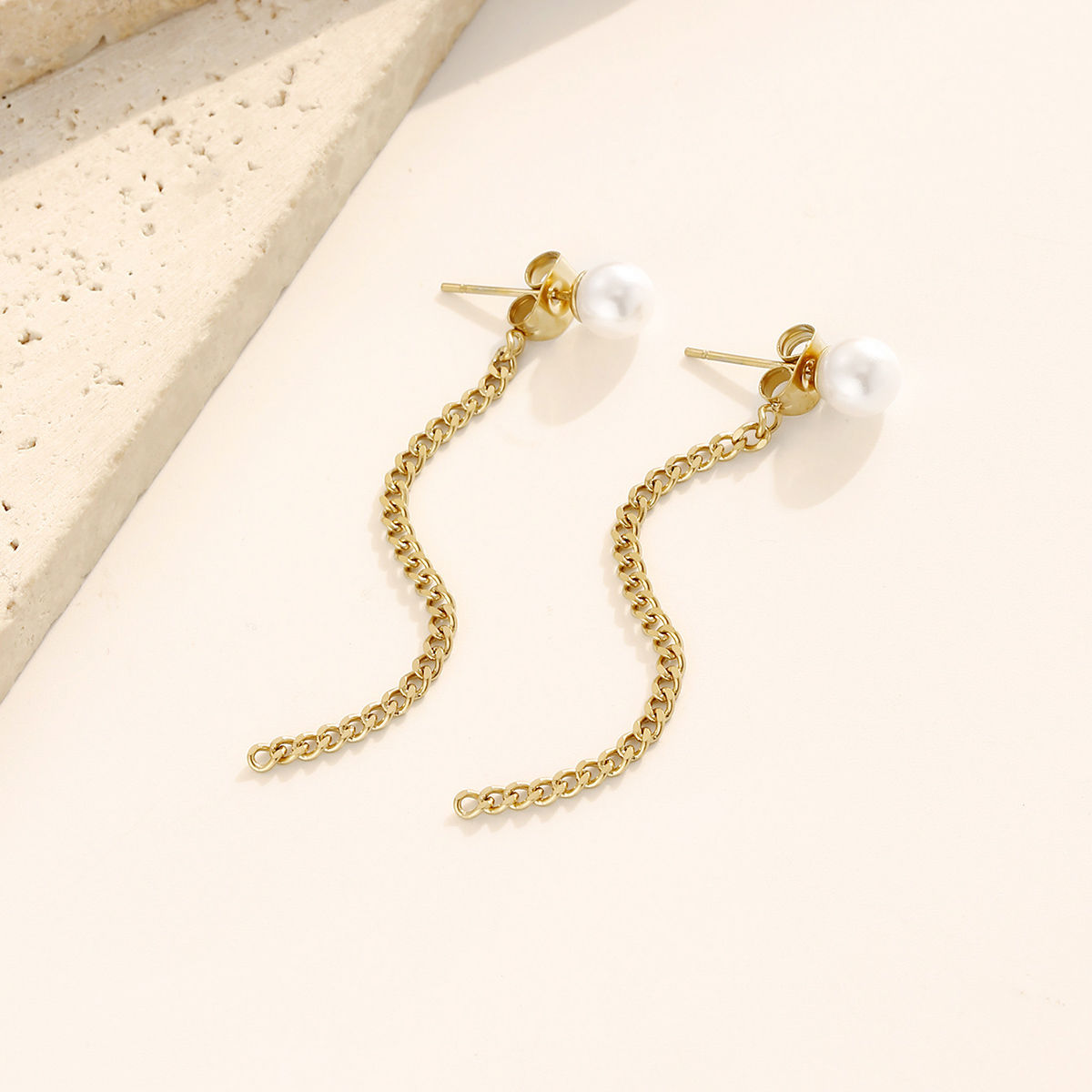Waterproof Non Tarnish Chain Drop Earrings For Women, 304 Stainless Steel With PVD Coated Real Gold Plating And Artificial Pearl Inlay 3
