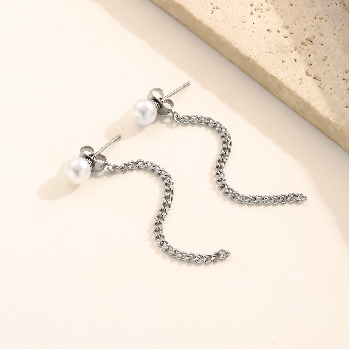 Waterproof Non Tarnish Chain Drop Earrings For Women, 304 Stainless Steel With PVD Coated Real Gold Plating And Artificial Pearl Inlay 4