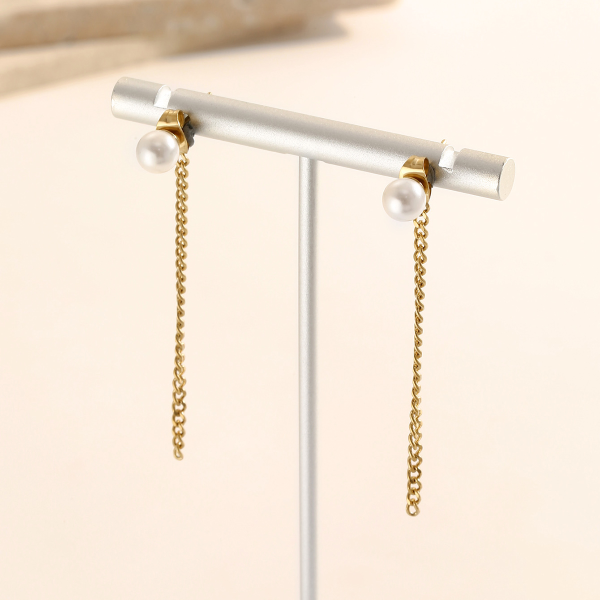 Waterproof Non Tarnish Chain Drop Earrings For Women, 304 Stainless Steel With PVD Coated Real Gold Plating And Artificial Pearl Inlay 5