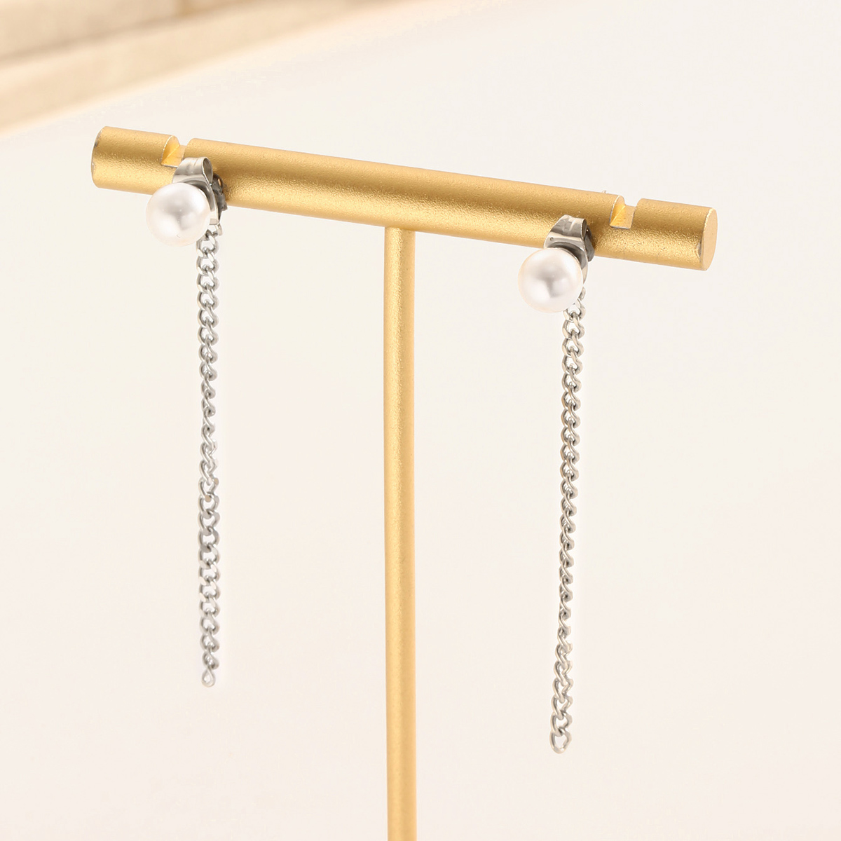 Waterproof Non Tarnish Chain Drop Earrings For Women, 304 Stainless Steel With PVD Coated Real Gold Plating And Artificial Pearl Inlay 6