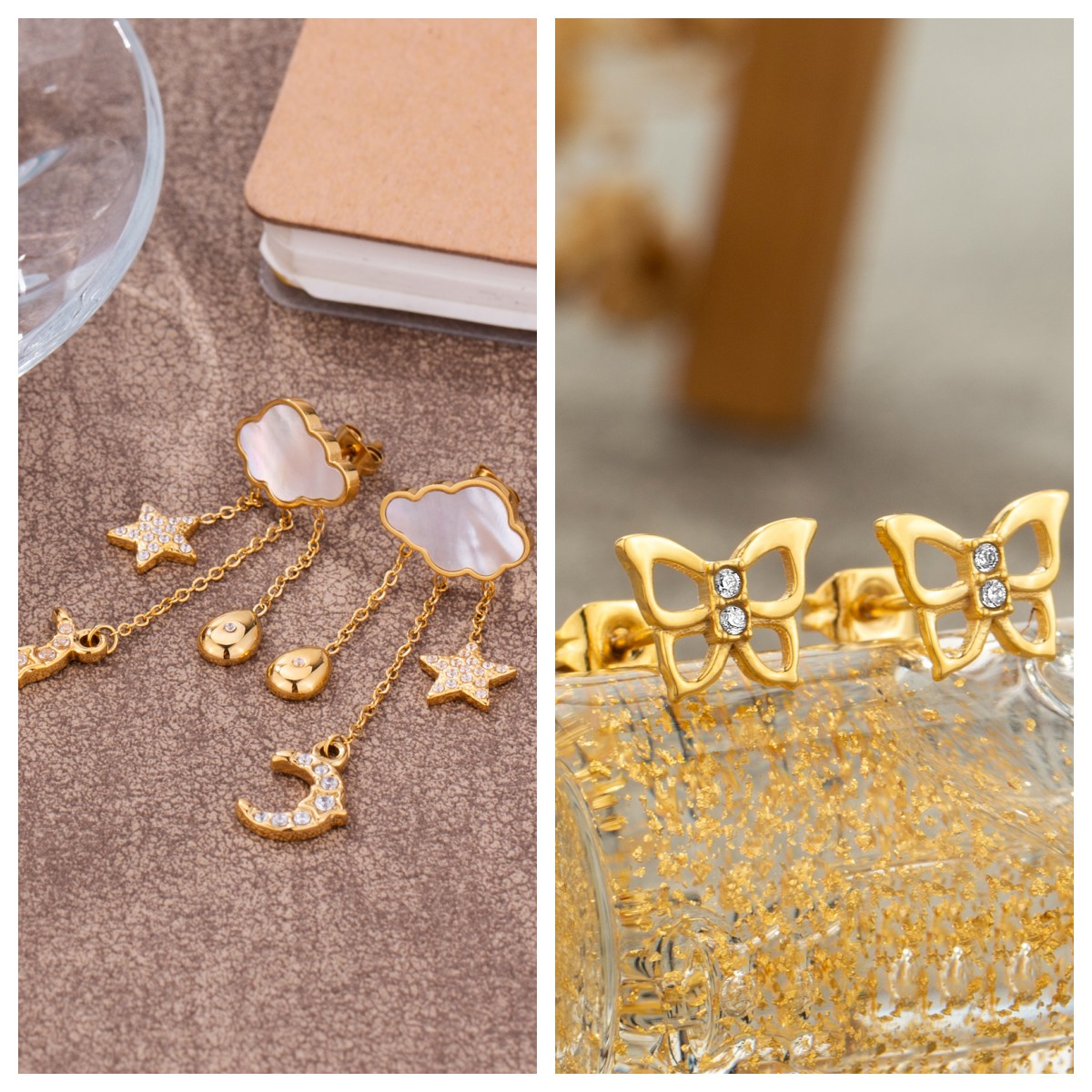 Basic Clouds Stud Earrings For Women In Gold Plated Stainless Steel With Shell Inlay