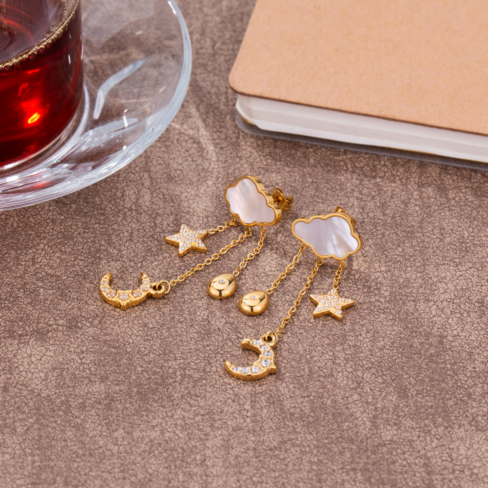 Basic Clouds Stud Earrings For Women In Gold Plated Stainless Steel With Shell Inlay 3