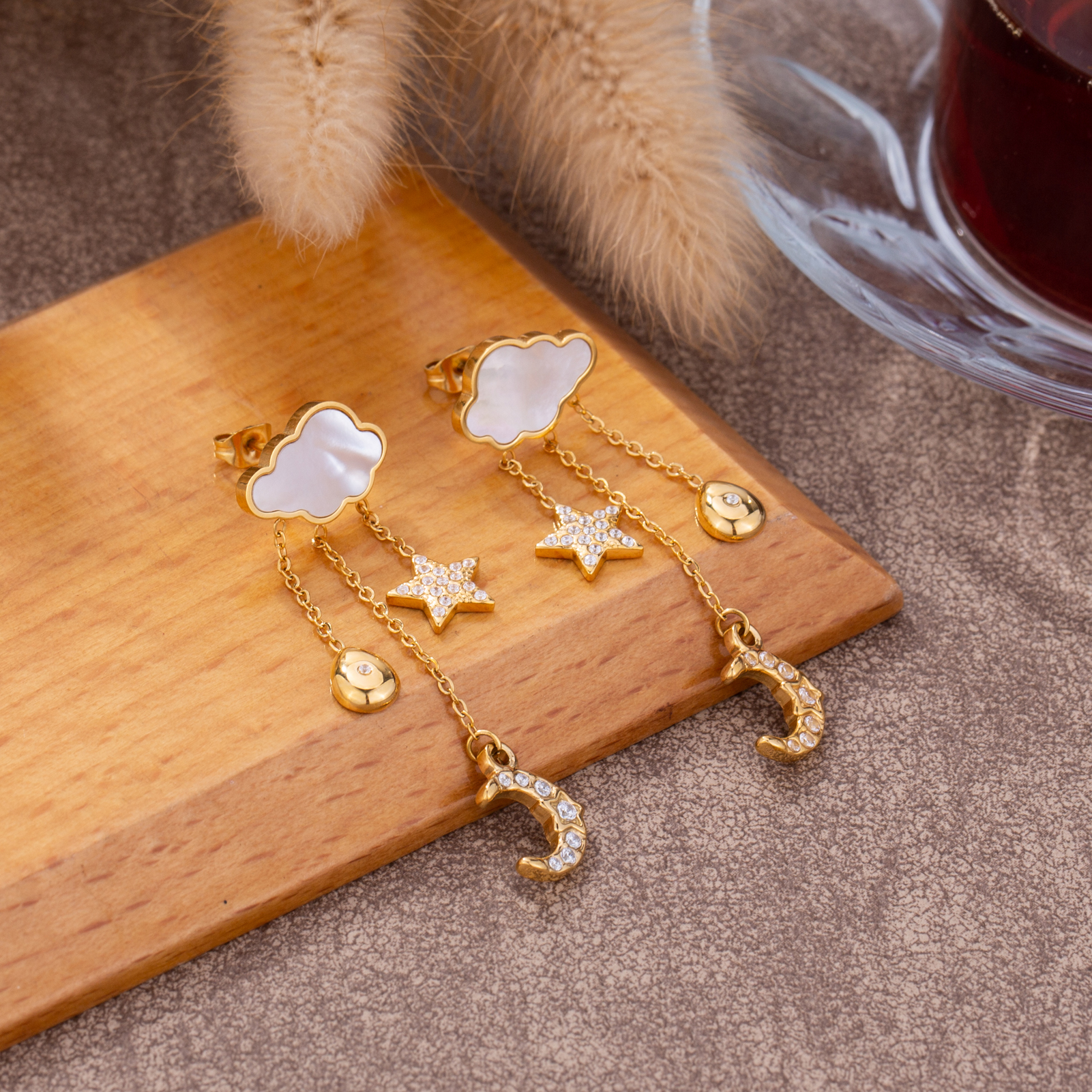 Basic Clouds Stud Earrings For Women In Gold Plated Stainless Steel With Shell Inlay 4