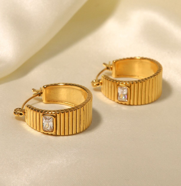 Geometric Electroplated Stud Earrings For Women In 304 Stainless Steel With 18K Real Gold PVD Coating And Artificial Rhinestones