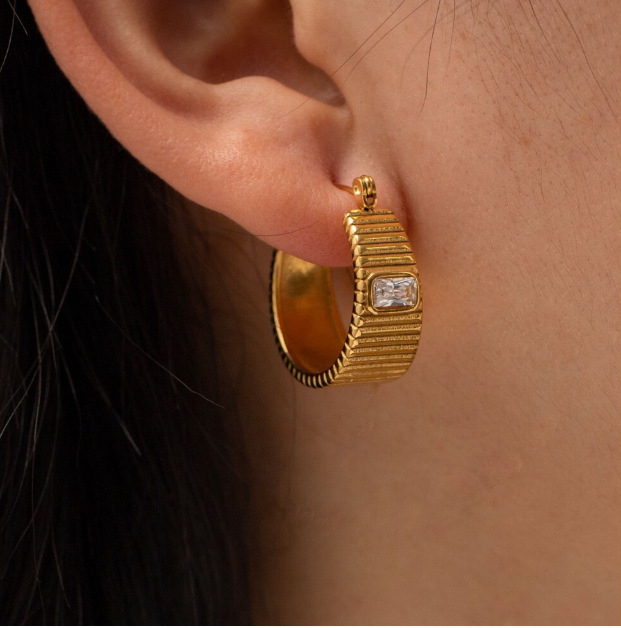 Geometric Electroplated Stud Earrings For Women In 304 Stainless Steel With 18K Real Gold PVD Coating And Artificial Rhinestones 3