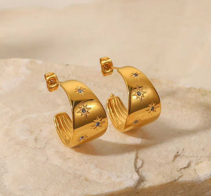 Women’s Star Stud Earrings In 304 Stainless Steel With 18K Real Gold PVD Coating And Rhinestone Inlay, Electroplated Finish