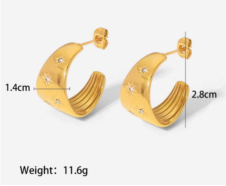 Women’s Star Stud Earrings In 304 Stainless Steel With 18K Real Gold PVD Coating And Rhinestone Inlay, Electroplated Finish 2