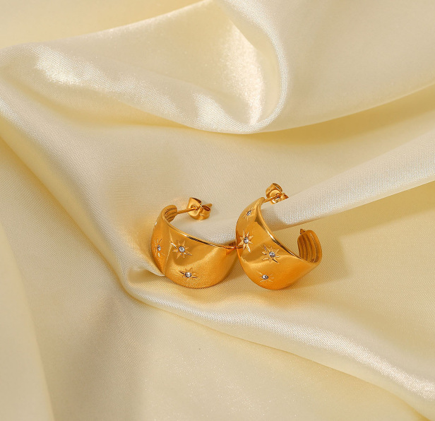 Women’s Star Stud Earrings In 304 Stainless Steel With 18K Real Gold PVD Coating And Rhinestone Inlay, Electroplated Finish 3