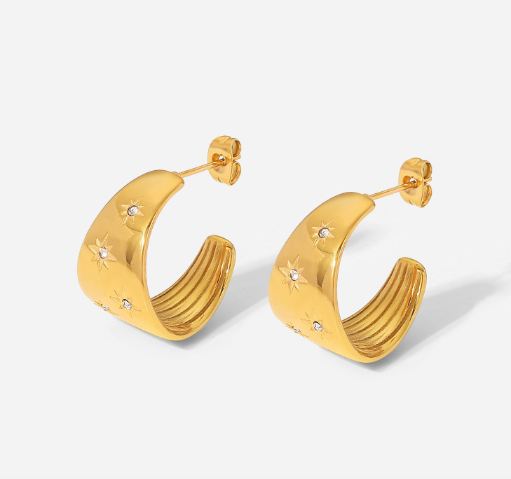 Women’s Star Stud Earrings In 304 Stainless Steel With 18K Real Gold PVD Coating And Rhinestone Inlay, Electroplated Finish 5
