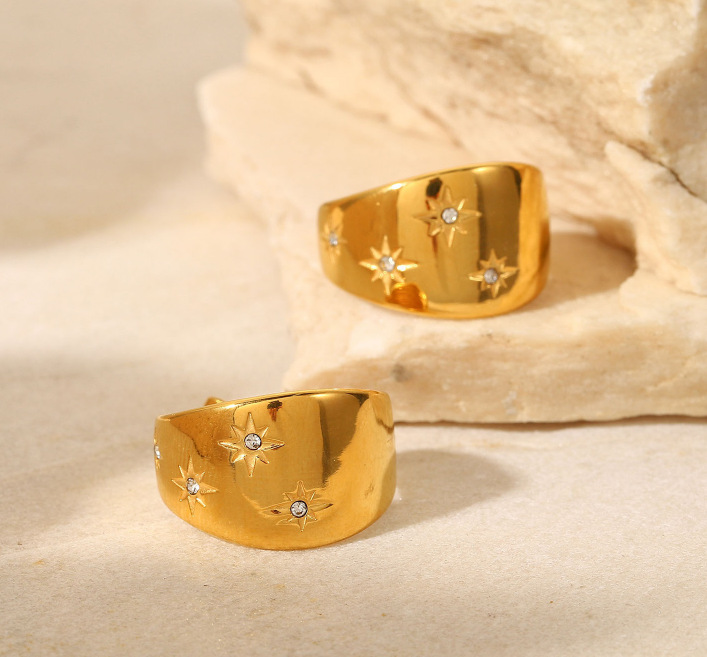 Women’s Star Stud Earrings In 304 Stainless Steel With 18K Real Gold PVD Coating And Rhinestone Inlay, Electroplated Finish 6