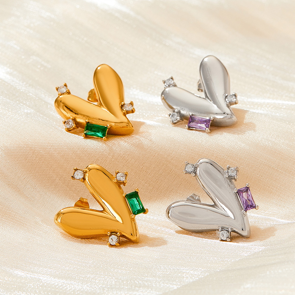 Heart Shape Stud Earrings For Women With 304 Stainless Steel Posts, 16K Gold Plated PVD Vacuum Coating And Zircon Inlay 2
