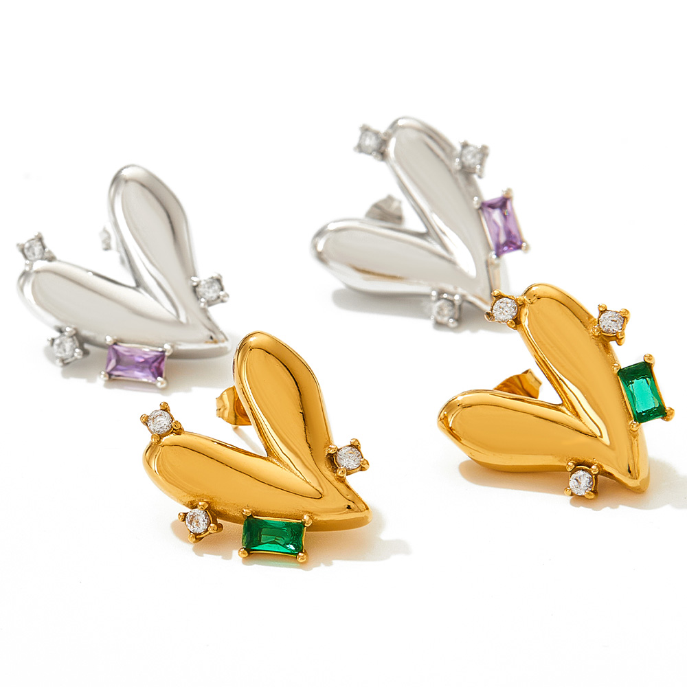 Heart Shape Stud Earrings For Women With 304 Stainless Steel Posts, 16K Gold Plated PVD Vacuum Coating And Zircon Inlay 3