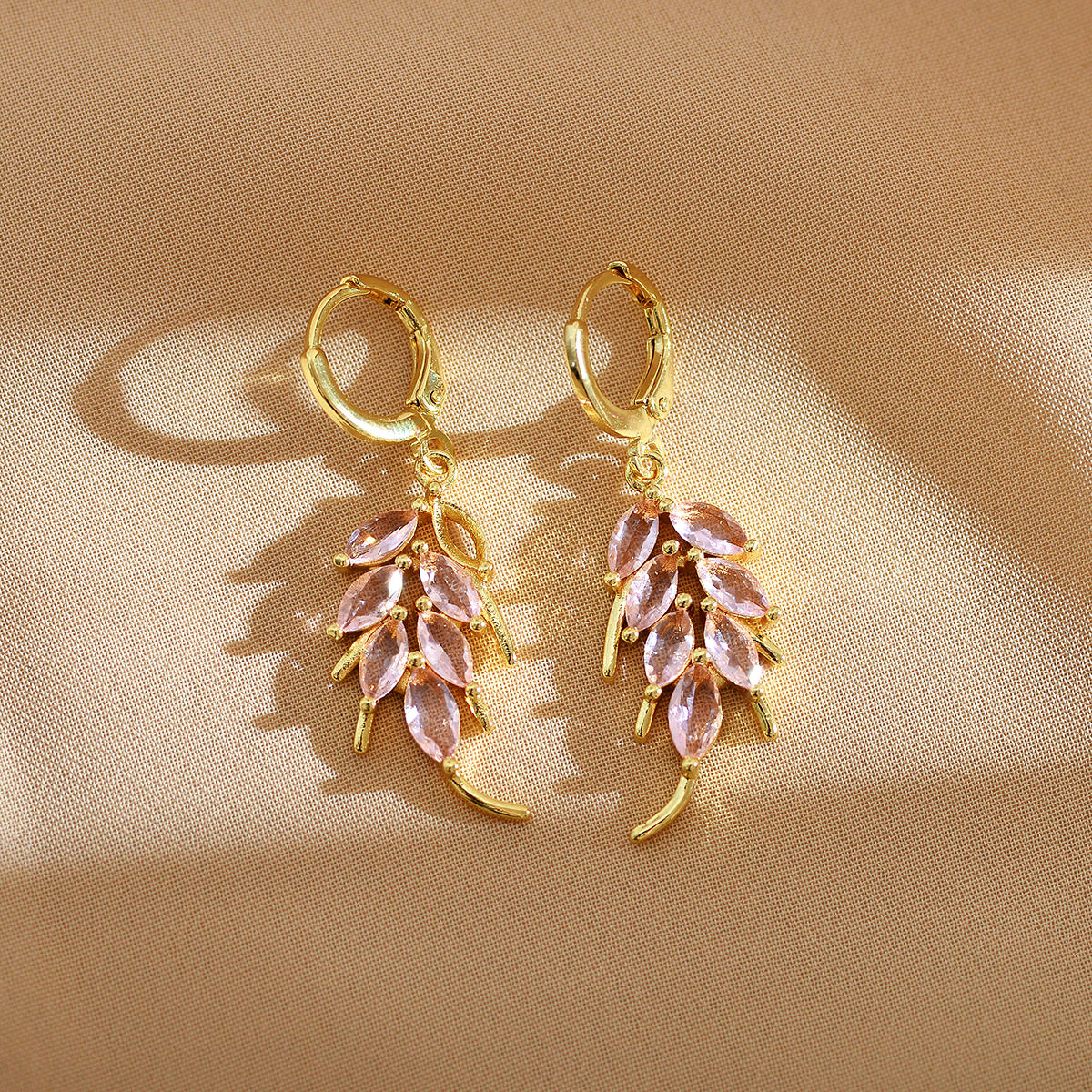 Leaves Drop Earrings For Women, 1 Pair Stainless Steel Gold Plated, Waterproof Non Tarnish With Zircon Inlay 2