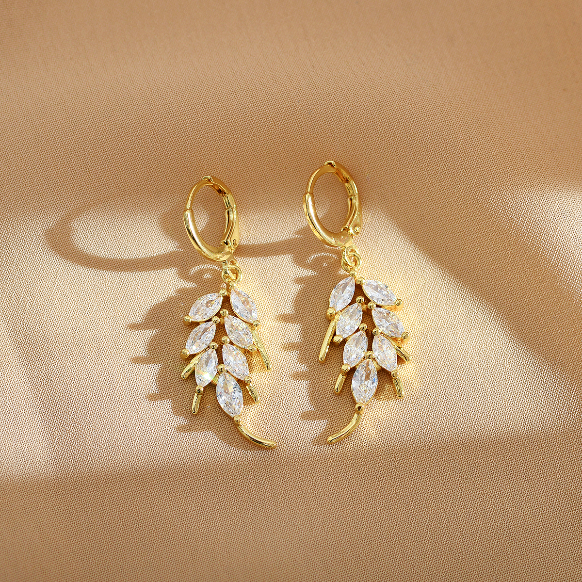 Leaves Drop Earrings For Women, 1 Pair Stainless Steel Gold Plated, Waterproof Non Tarnish With Zircon Inlay 3