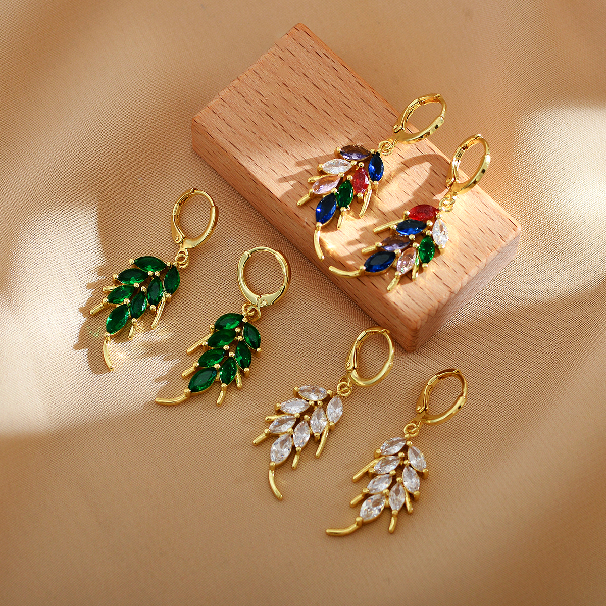 Leaves Drop Earrings For Women, 1 Pair Stainless Steel Gold Plated, Waterproof Non Tarnish With Zircon Inlay 7