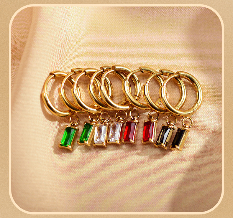 Waterproof Non Tarnish Rectangle Drop Earrings For Women, 304 Stainless Steel With Gold Plated PVD Coating And Zircon Inlay