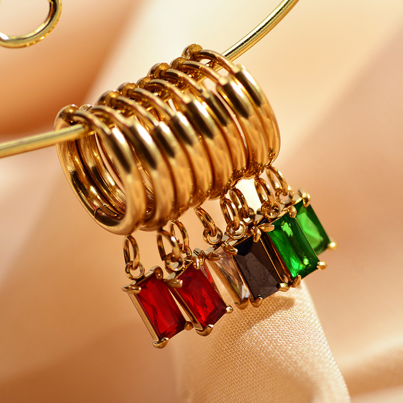 Waterproof Non Tarnish Rectangle Drop Earrings For Women, 304 Stainless Steel With Gold Plated PVD Coating And Zircon Inlay 2