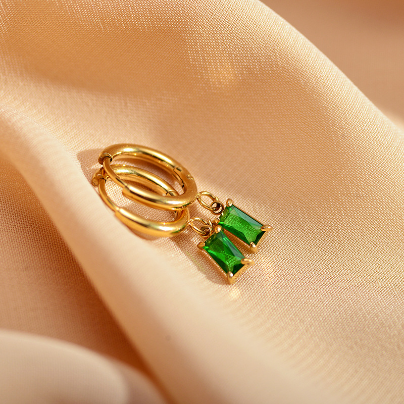 Waterproof Non Tarnish Rectangle Drop Earrings For Women, 304 Stainless Steel With Gold Plated PVD Coating And Zircon Inlay 3