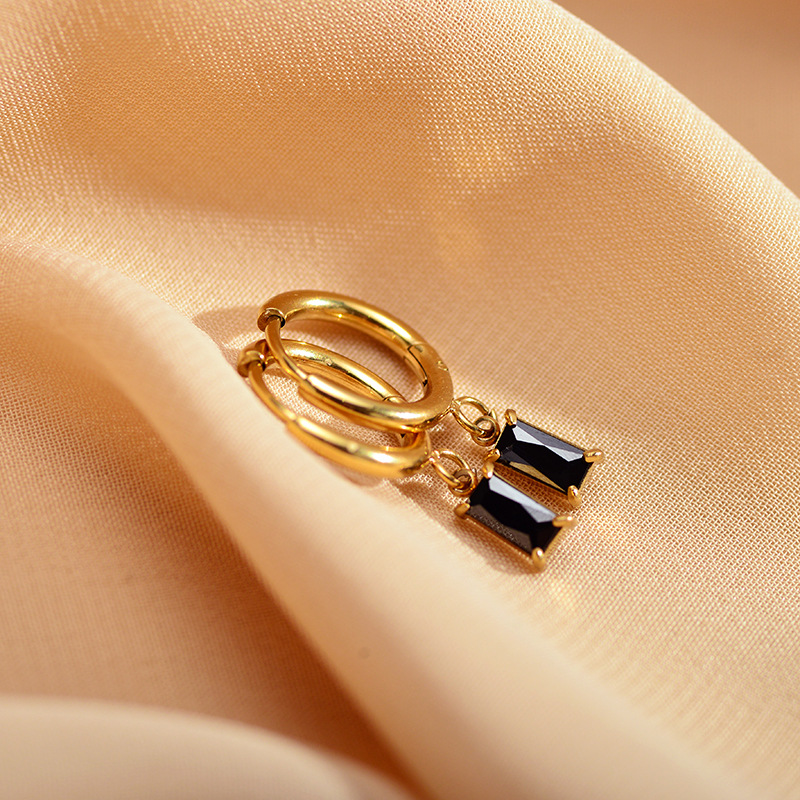 Waterproof Non Tarnish Rectangle Drop Earrings For Women, 304 Stainless Steel With Gold Plated PVD Coating And Zircon Inlay 4