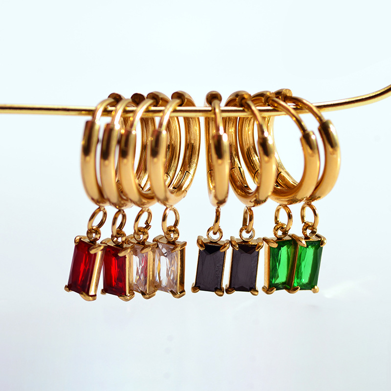Waterproof Non Tarnish Rectangle Drop Earrings For Women, 304 Stainless Steel With Gold Plated PVD Coating And Zircon Inlay 5