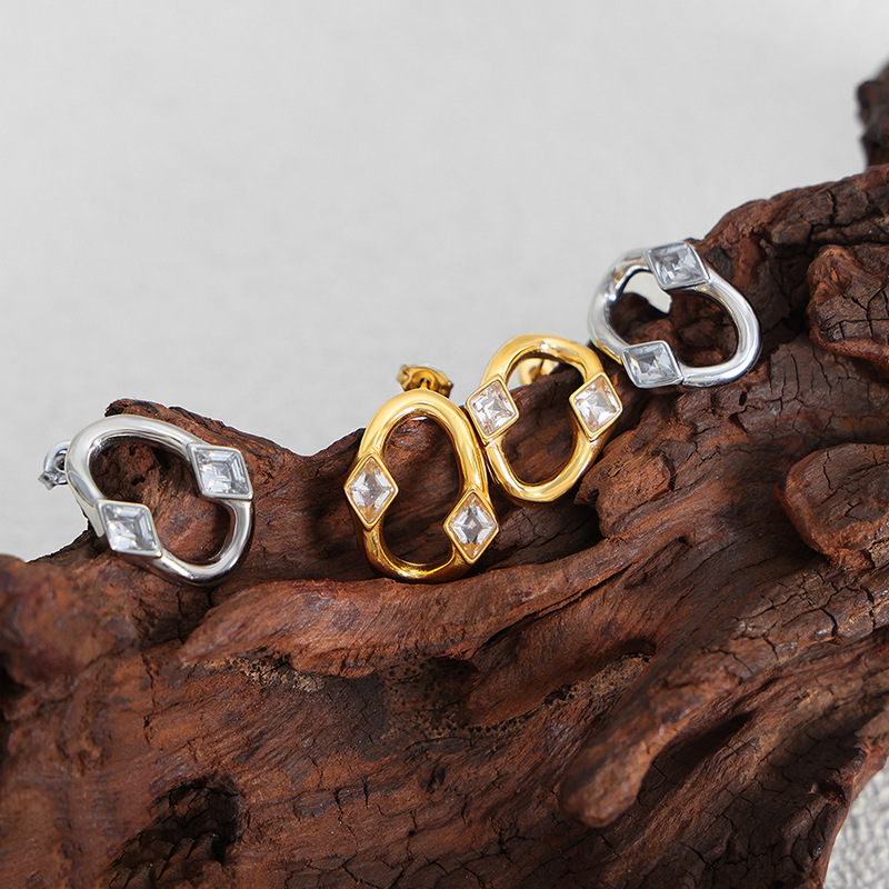 Women’s Stud Earrings With Zircon Inlay, 304 Stainless Steel, Real Gold Plated And PVD Coated Finish