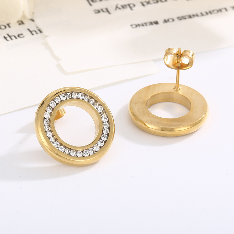 Round Inlay Stud Earrings For Women In 304 Stainless Steel With 18K Real Gold Plated PVD Coating And Rhinestone Inlay