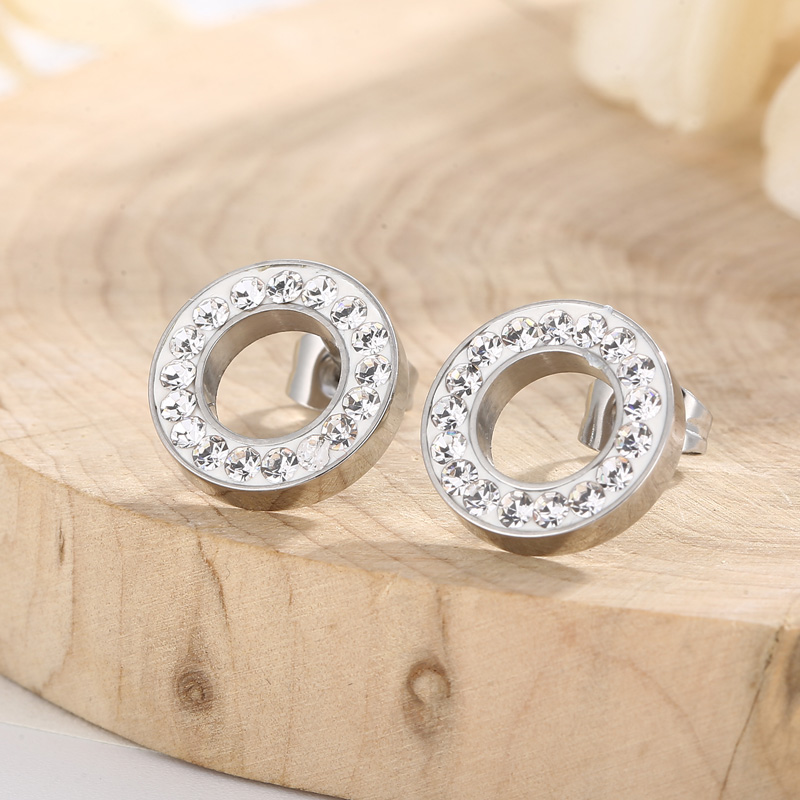 Round Inlay Stud Earrings For Women In 304 Stainless Steel With 18K Real Gold Plated PVD Coating And Rhinestone Inlay 2