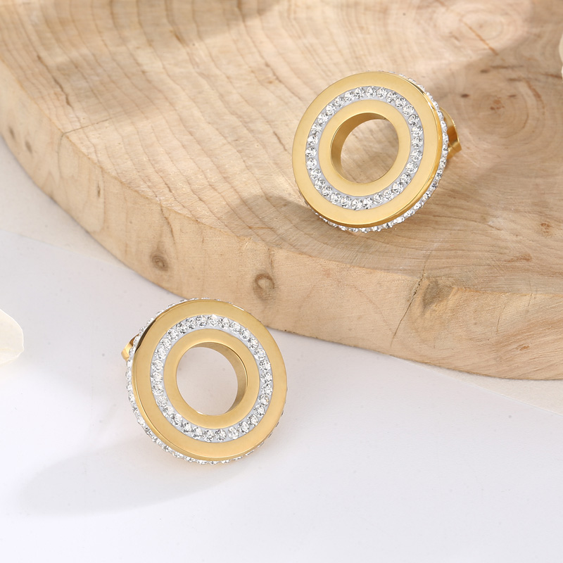 Round Inlay Stud Earrings For Women In 304 Stainless Steel With 18K Real Gold Plated PVD Coating And Rhinestone Inlay 3