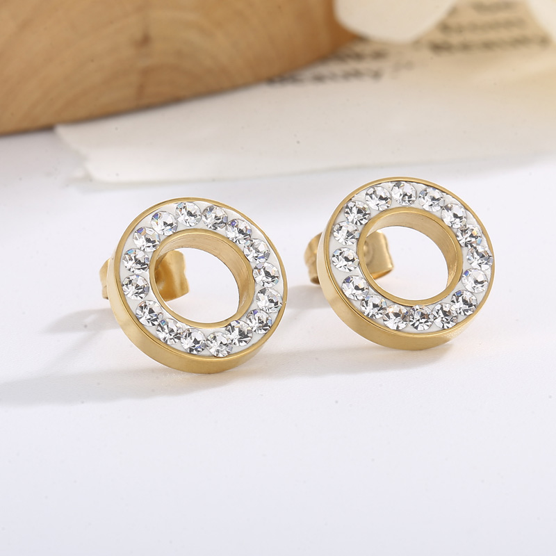 Round Inlay Stud Earrings For Women In 304 Stainless Steel With 18K Real Gold Plated PVD Coating And Rhinestone Inlay 4