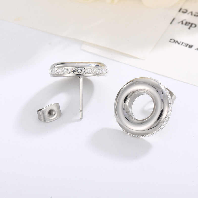 Round Inlay Stud Earrings For Women In 304 Stainless Steel With 18K Real Gold Plated PVD Coating And Rhinestone Inlay 5