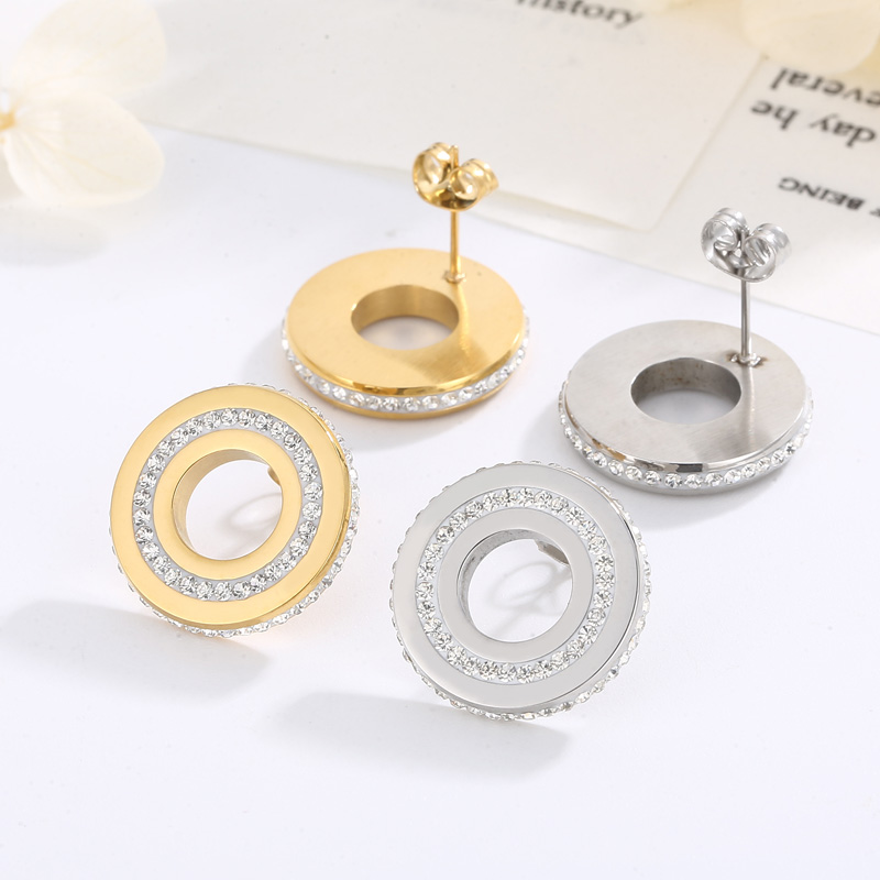 Round Inlay Stud Earrings For Women In 304 Stainless Steel With 18K Real Gold Plated PVD Coating And Rhinestone Inlay 6