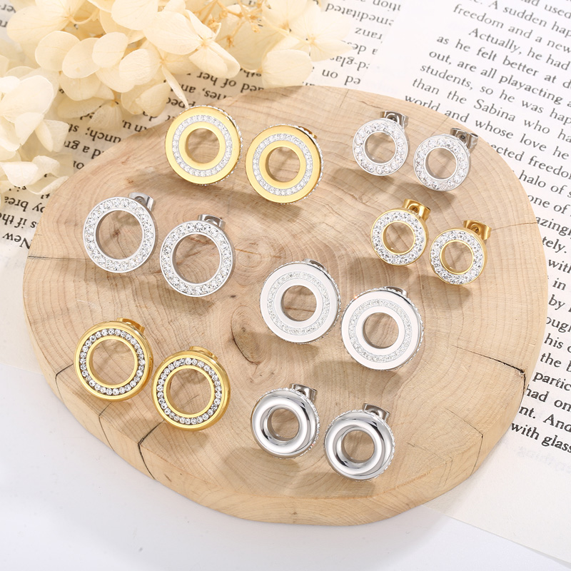 Round Inlay Stud Earrings For Women In 304 Stainless Steel With 18K Real Gold Plated PVD Coating And Rhinestone Inlay 7