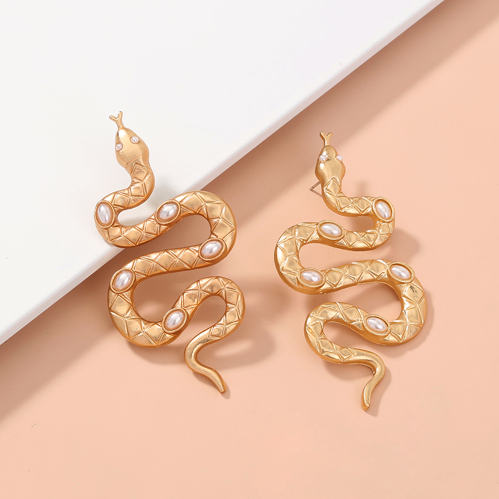 Fashion Gold Plated Steel Snake Stud Earrings For Women With Pearl Inlay 6