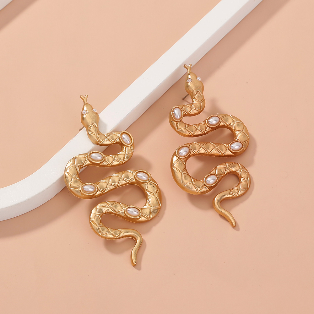 Fashion Gold Plated Steel Snake Stud Earrings For Women With Pearl Inlay 7