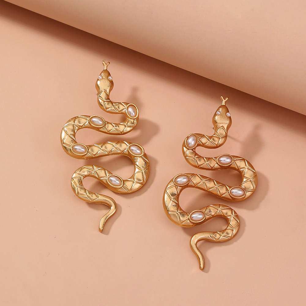 Fashion Gold Plated Steel Snake Stud Earrings For Women With Pearl Inlay 9