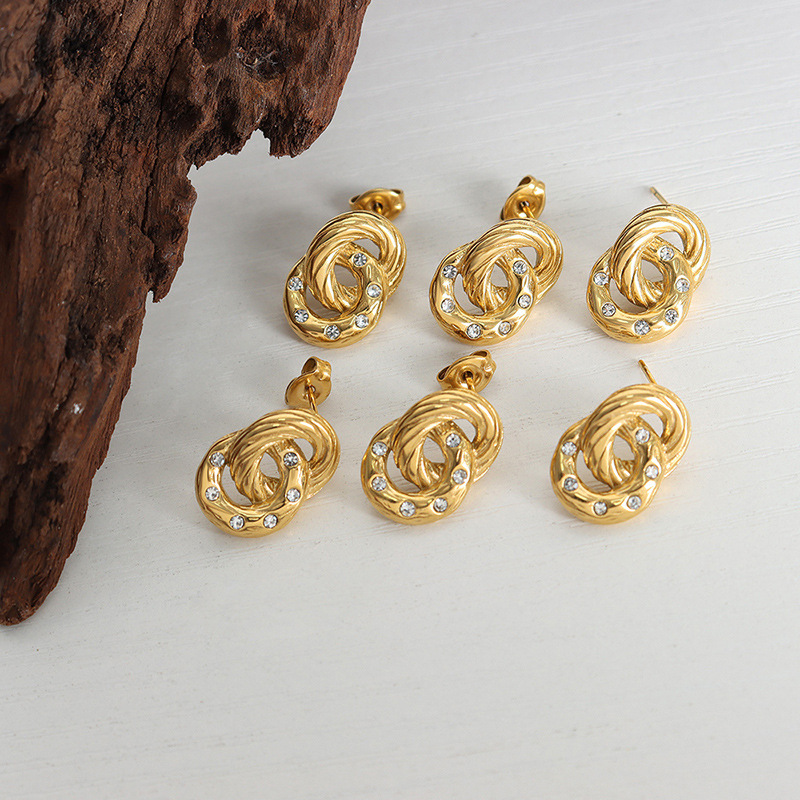 Geometric Inlay Earrings For Women, 304 Stainless Steel With 18K Real Gold Plated And PVD Coated Finish, Featuring Rhinestones