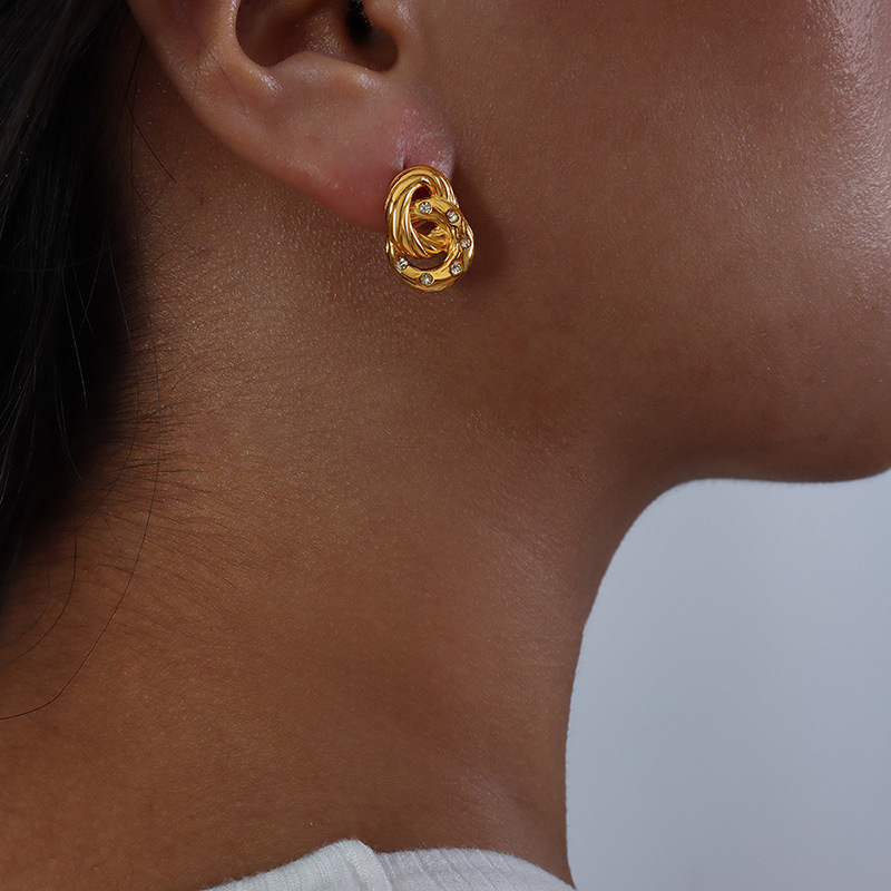 Geometric Inlay Earrings For Women, 304 Stainless Steel With 18K Real Gold Plated And PVD Coated Finish, Featuring Rhinestones 2