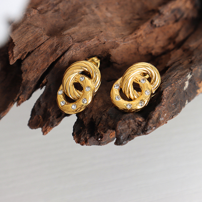 Geometric Inlay Earrings For Women, 304 Stainless Steel With 18K Real Gold Plated And PVD Coated Finish, Featuring Rhinestones 3