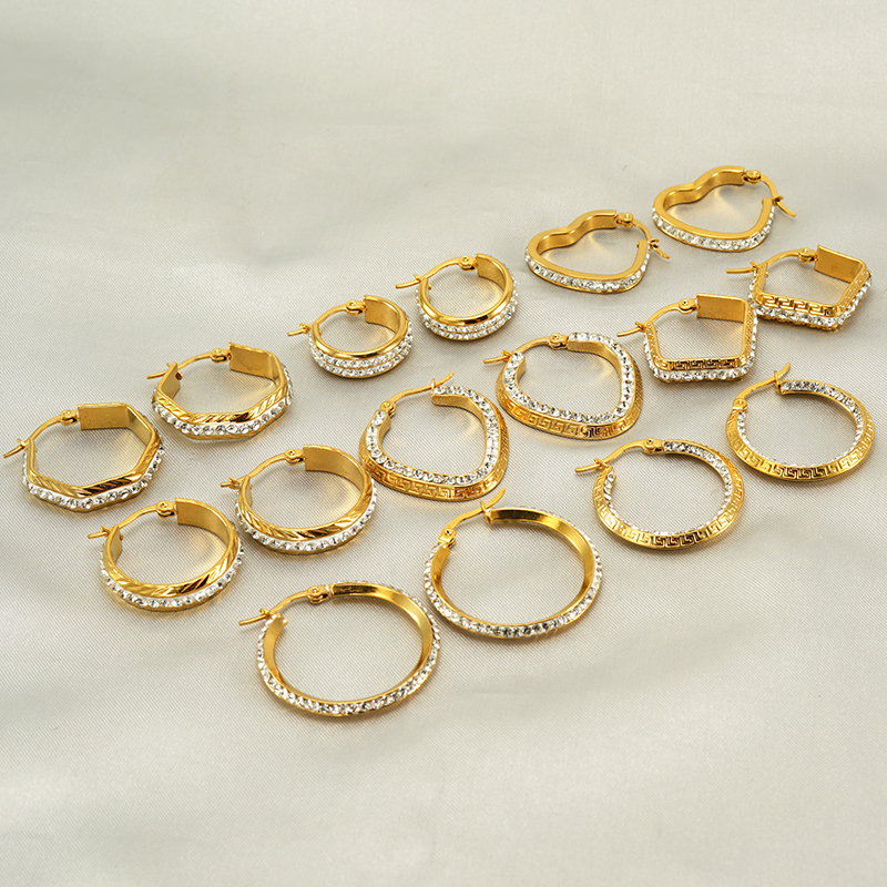 Solid Color 18K Gold Plated Stud Earrings For Women With PVD Coated 304 Stainless Steel And Rhinestone Inlay