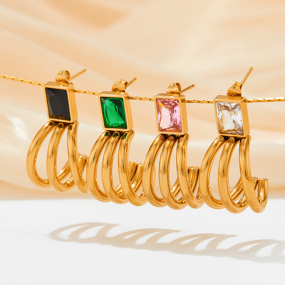 Geometric Earrings For Women Featuring 304 Stainless Steel Ear Pins With 16K Gold Plated PVD Vacuum Coating And Zircon Inlay